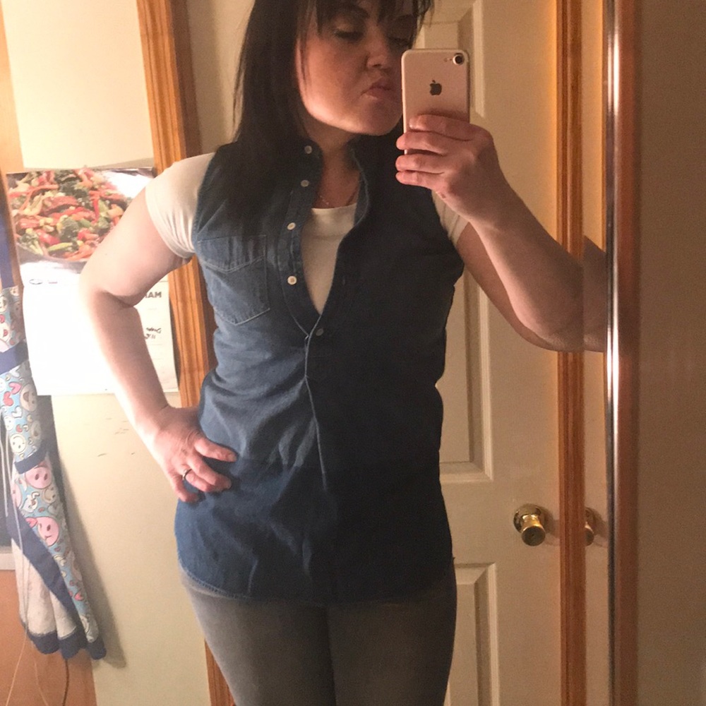 Two toned Denim tank halfway buttoned up high neck